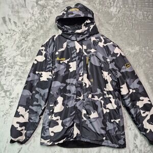 MOERDENG Mens Camo Waterproof Ski Jacket Gray Black Fleece Lined Hooded Large
